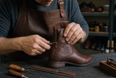 Sapateiro consertando zíper de bota em Teresópolis.