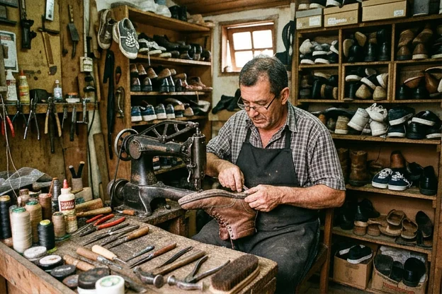 Sapateiro ensinando cuidados com calçados em Teresópolis.