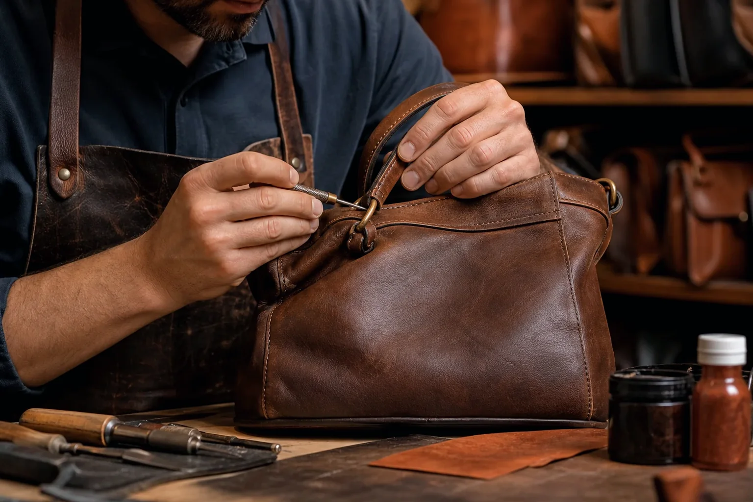 Sapateiro reformando bolsa de couro em Teresópolis.