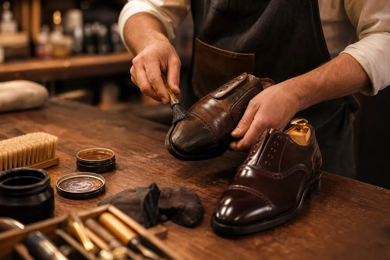 Sapateiro reformando sapatos sociais em Teresópolis.